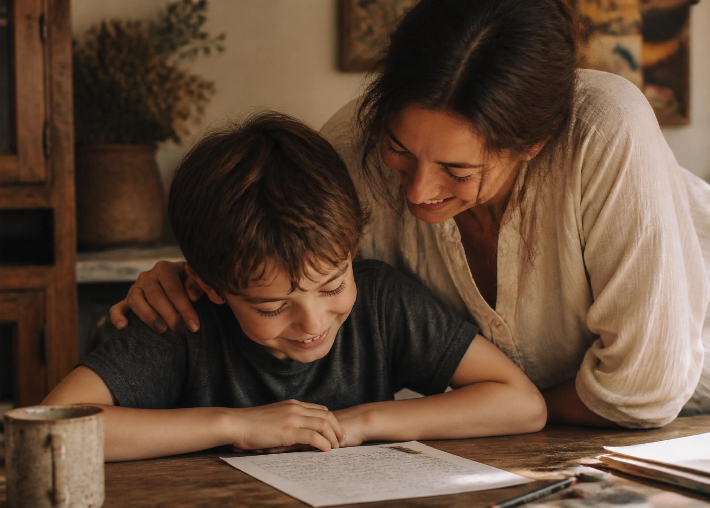 A mother leaning over her son's shoulder, smiling at the page he has finished