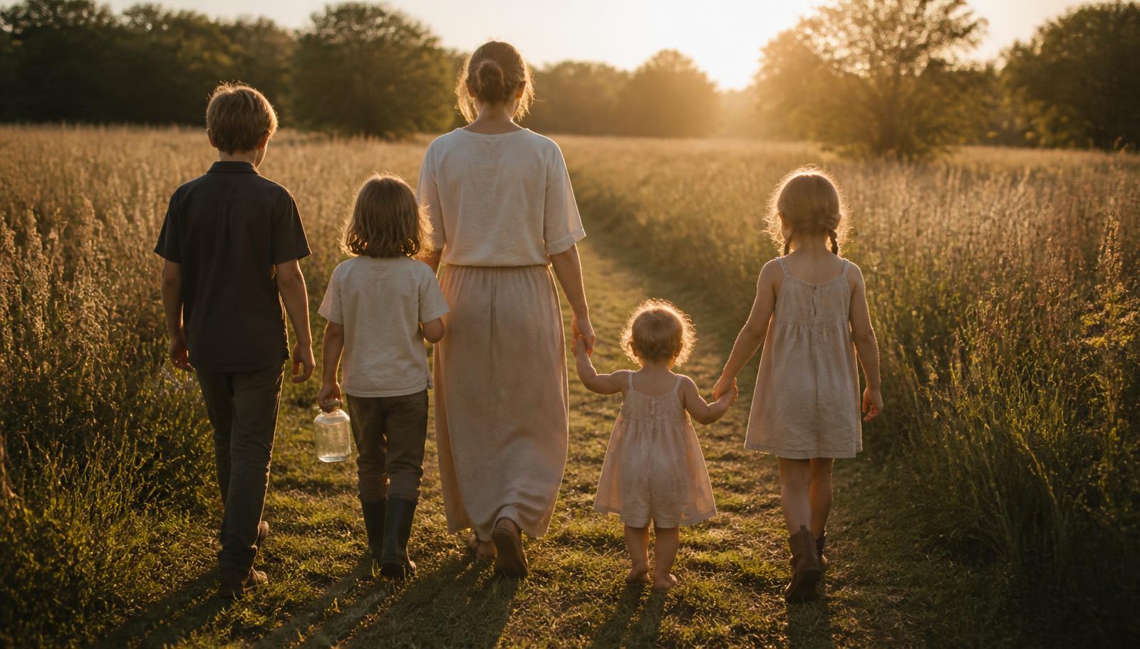 A mother and four children walking away down a grassy path in golden evening light