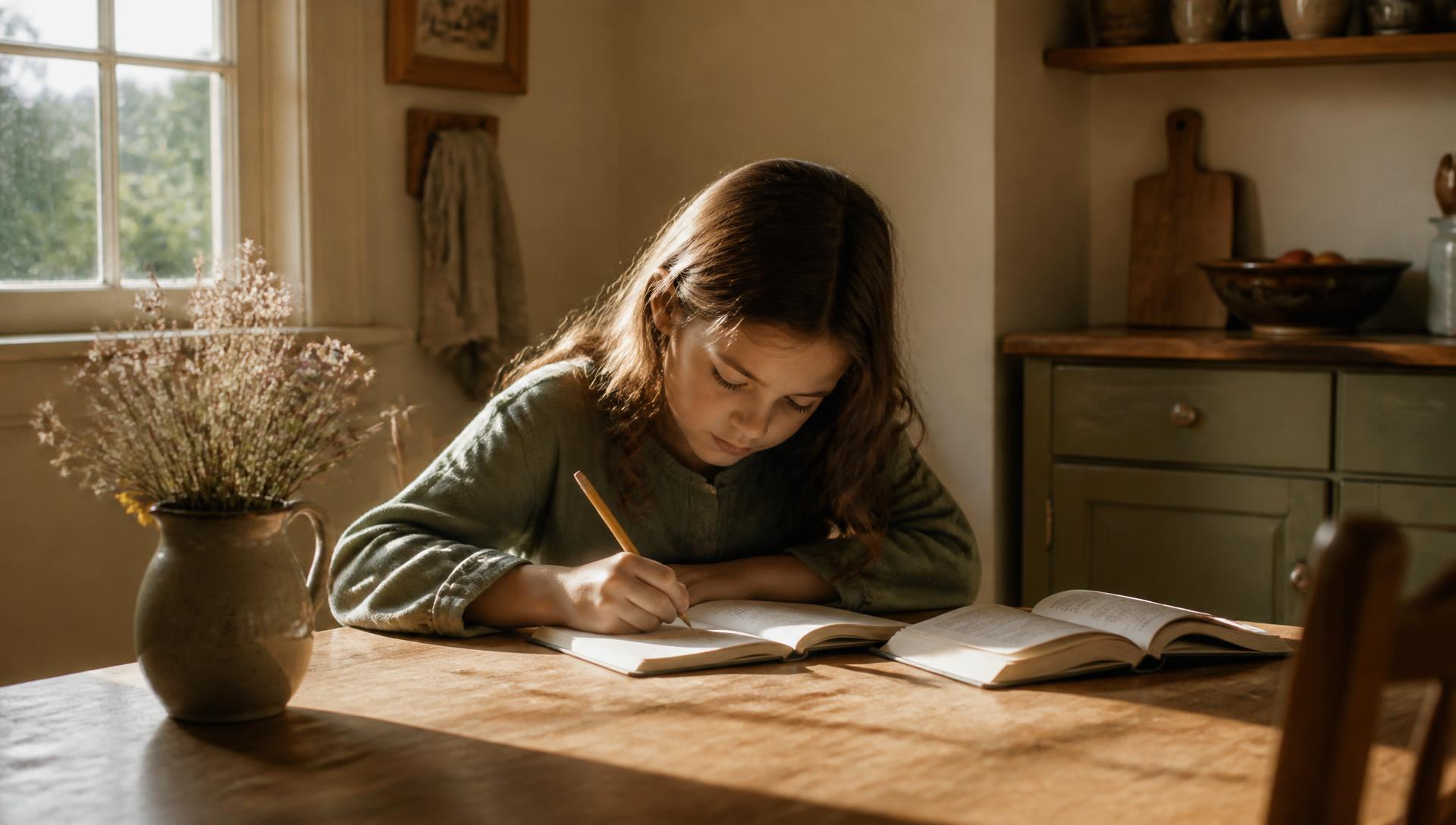 A young girl writing at a wooden kitchen table in morning light, working on her own