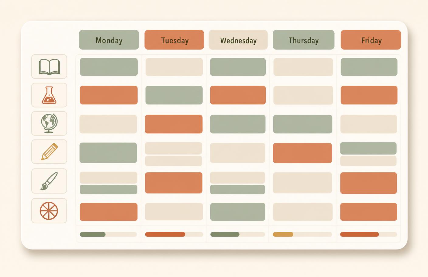 Illustration of a weekly planner grid with subject rows, coloured assignment cards, and a fullness bar under each day