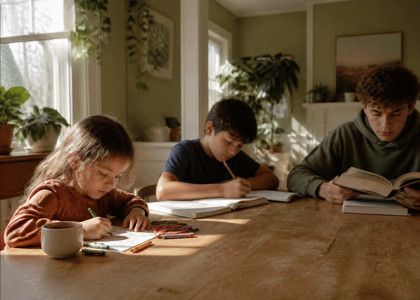 Three siblings of different ages working at one sunlit table
