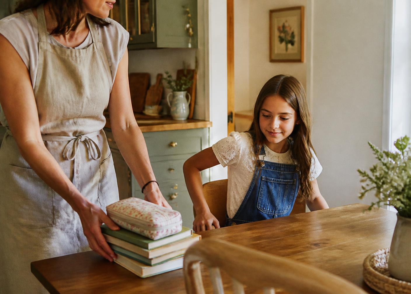 A mother setting a stack of books in front of her daughter, who is pulling in her chair to begin